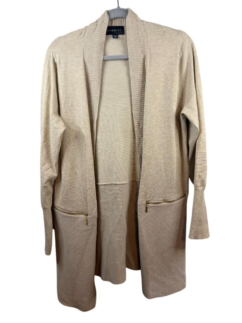 Premise Beige Ribbed Open Front Cardigan Sweater With Zipper Pockets Womens Size